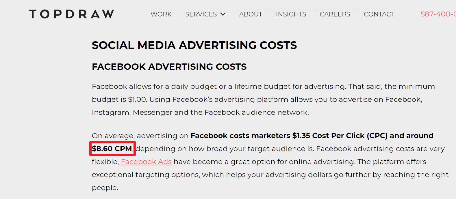 根据TOPDRAW网站分析，Facebook广告平台的平均投放CPM大约是美金8.60元，换算新台币约240.73元。